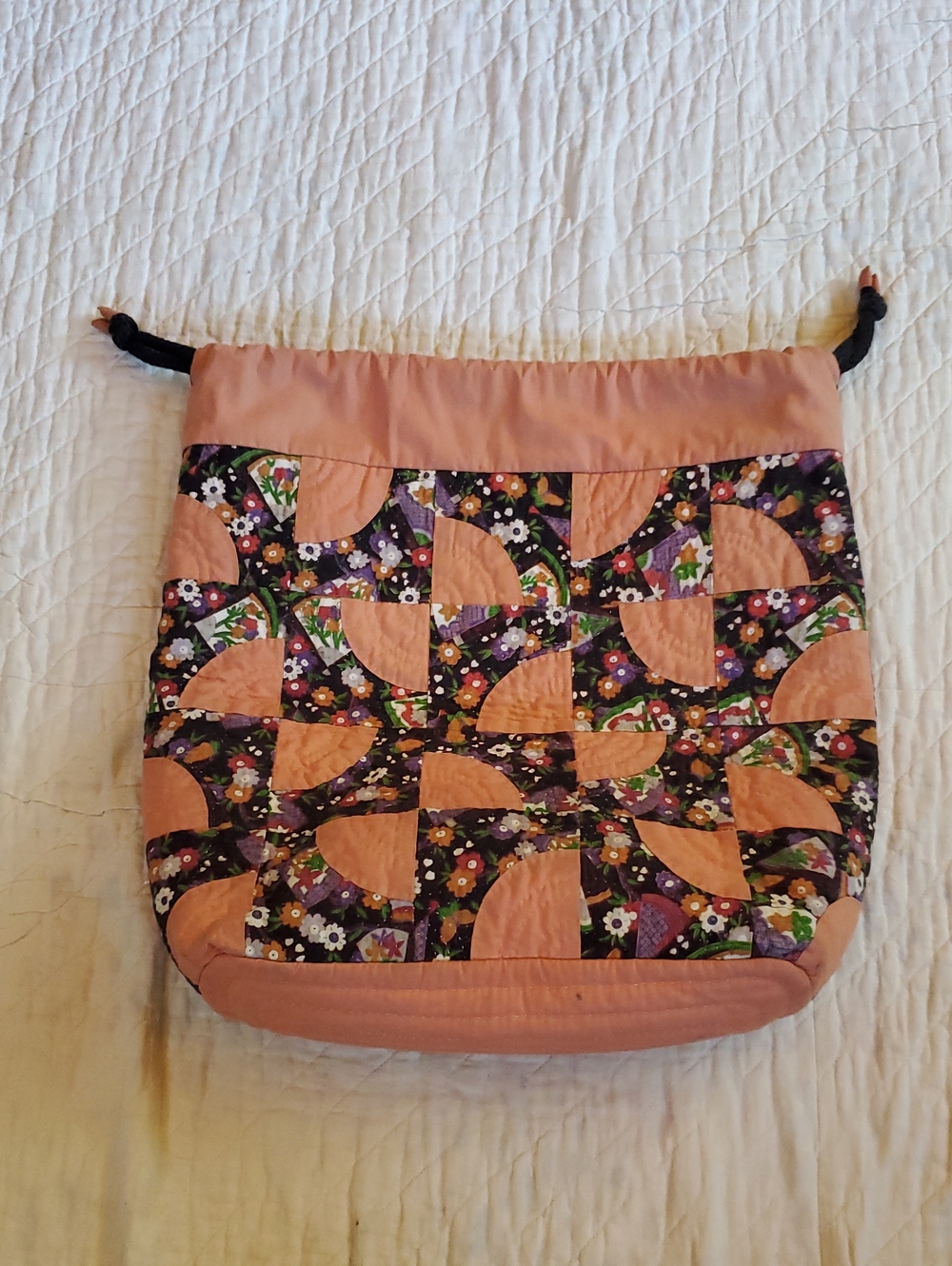 Quilted Drawstring Bag in Peach and Floral Patchwork